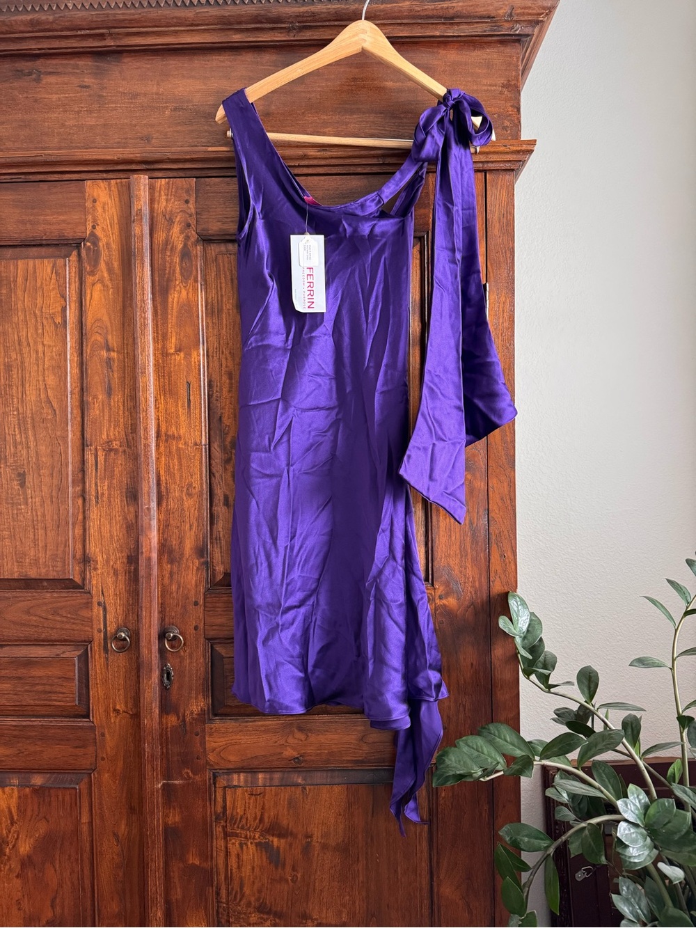 Abi Ferrin Purple Silk Single Tie Shoulder Asymmetrical Michelle Dress